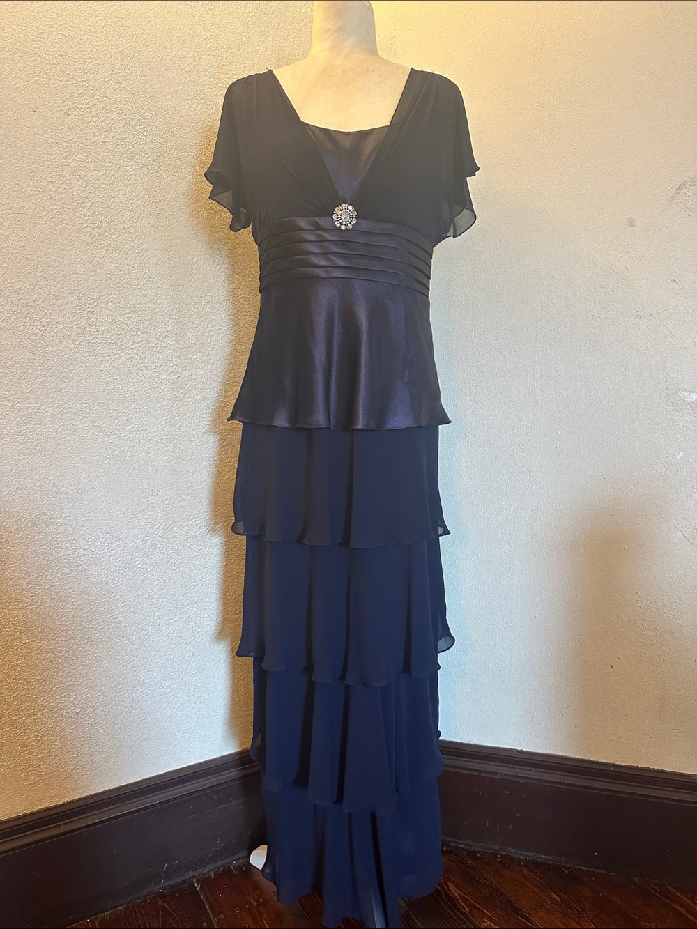 Patra Navy Layered Chiffon Maxi Dress with Embellished Waist Size 8